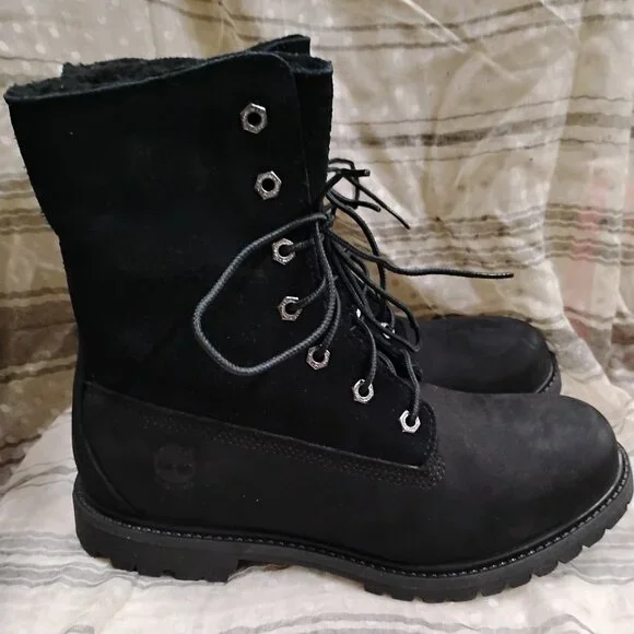 Women's Timberland Black Nubuck Fleece Fold Down Work Boot - Picture 3 of 10